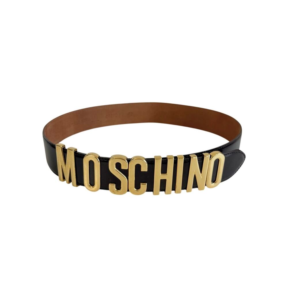 Moschino Leather Waist Belt Gold-Tone Hardware Logo Made in Italy 42 Dark Brown